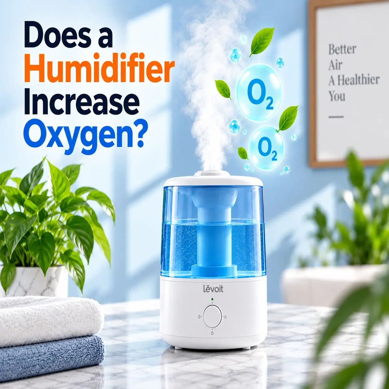 White humidifier on a table next to folded towels and a plant