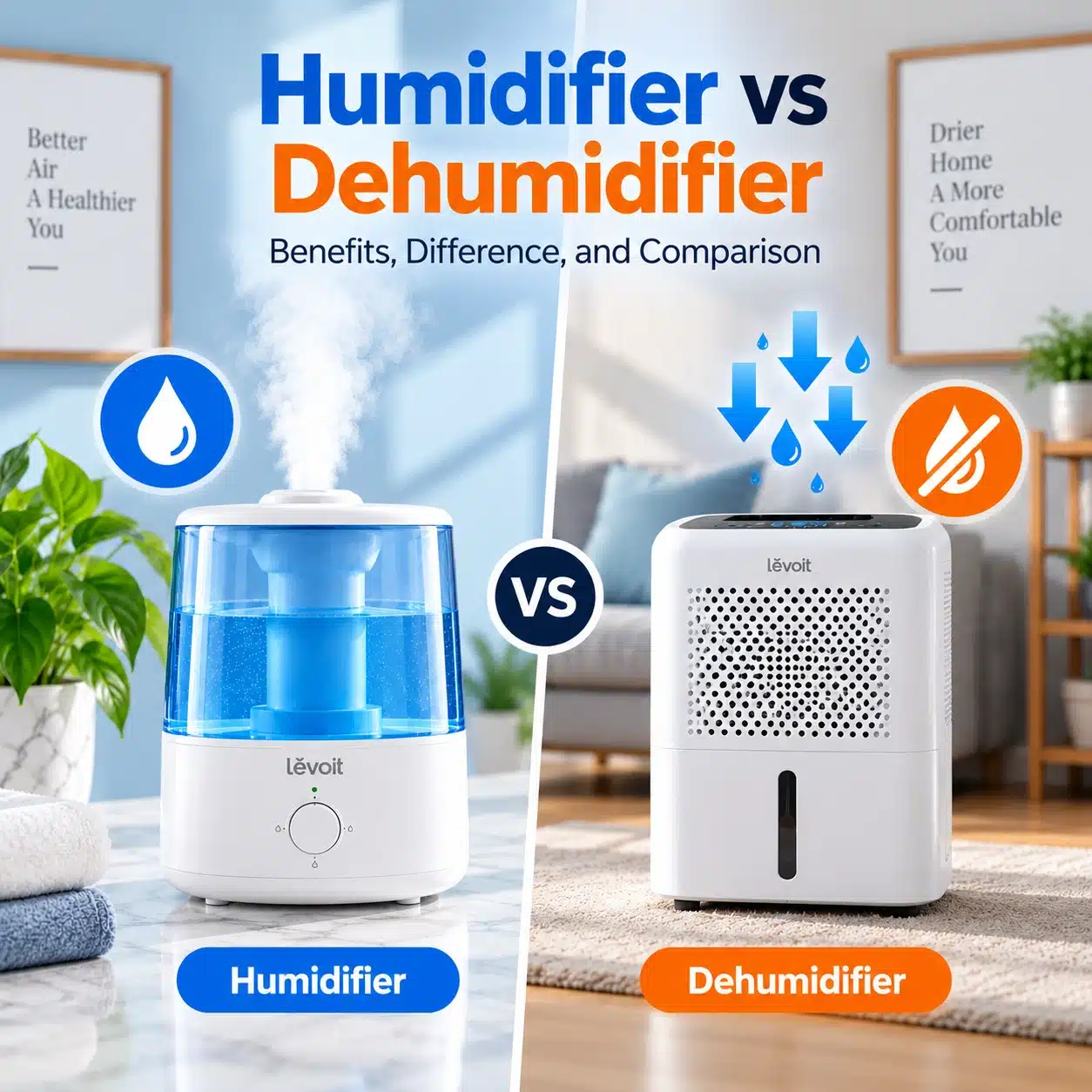 Humidifier and dehumidifier shown side by side with labels