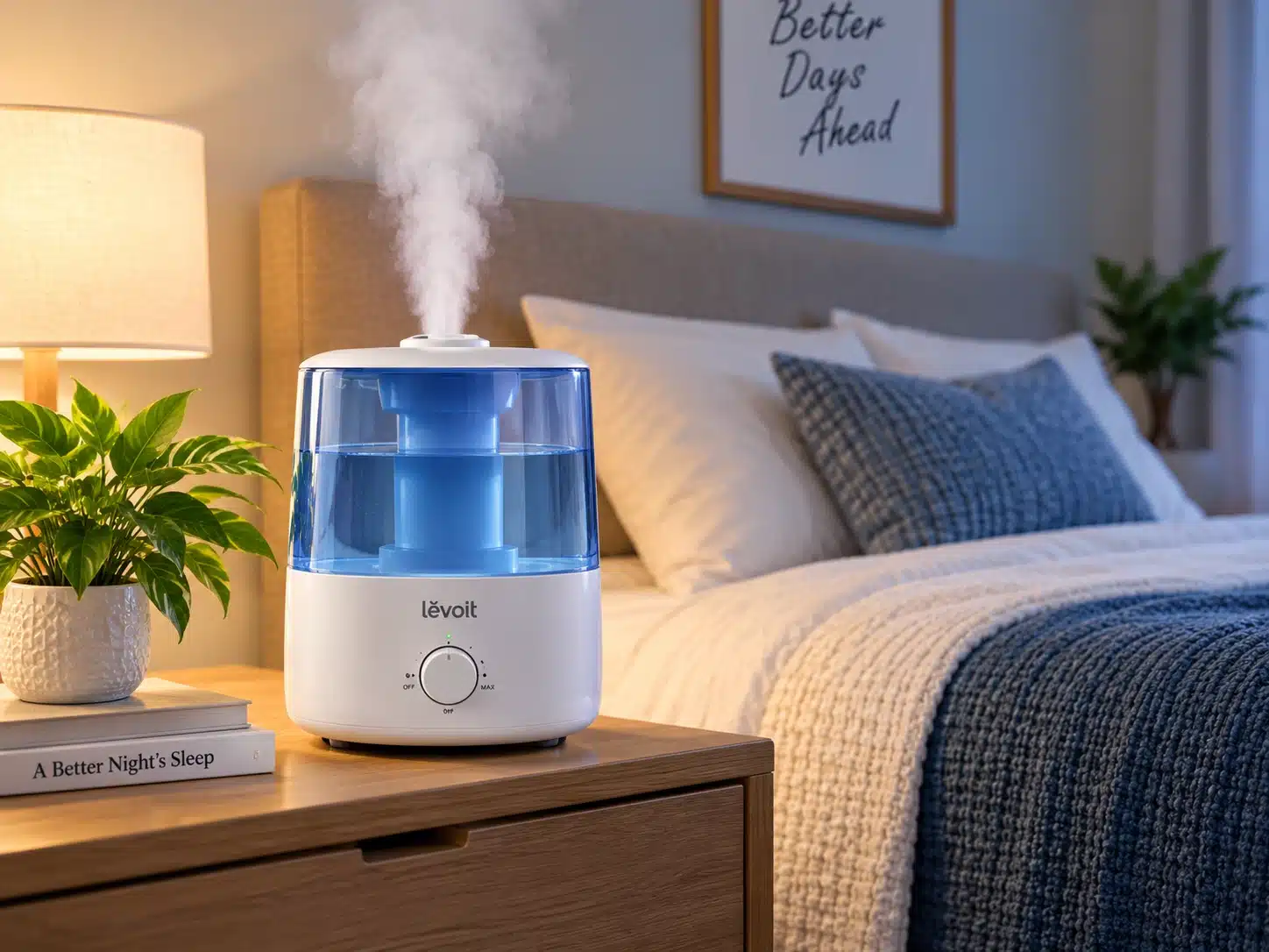 Humidifier releasing mist on a bedside table in a cozy bedroom